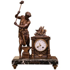 19th Century French Figural Spelter and Green Marble Mantel Clock After Picault