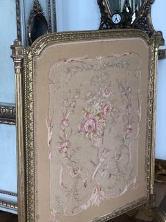 19th Century French Fireplace Screen in Hand Carved Frame and Silk Tapestry