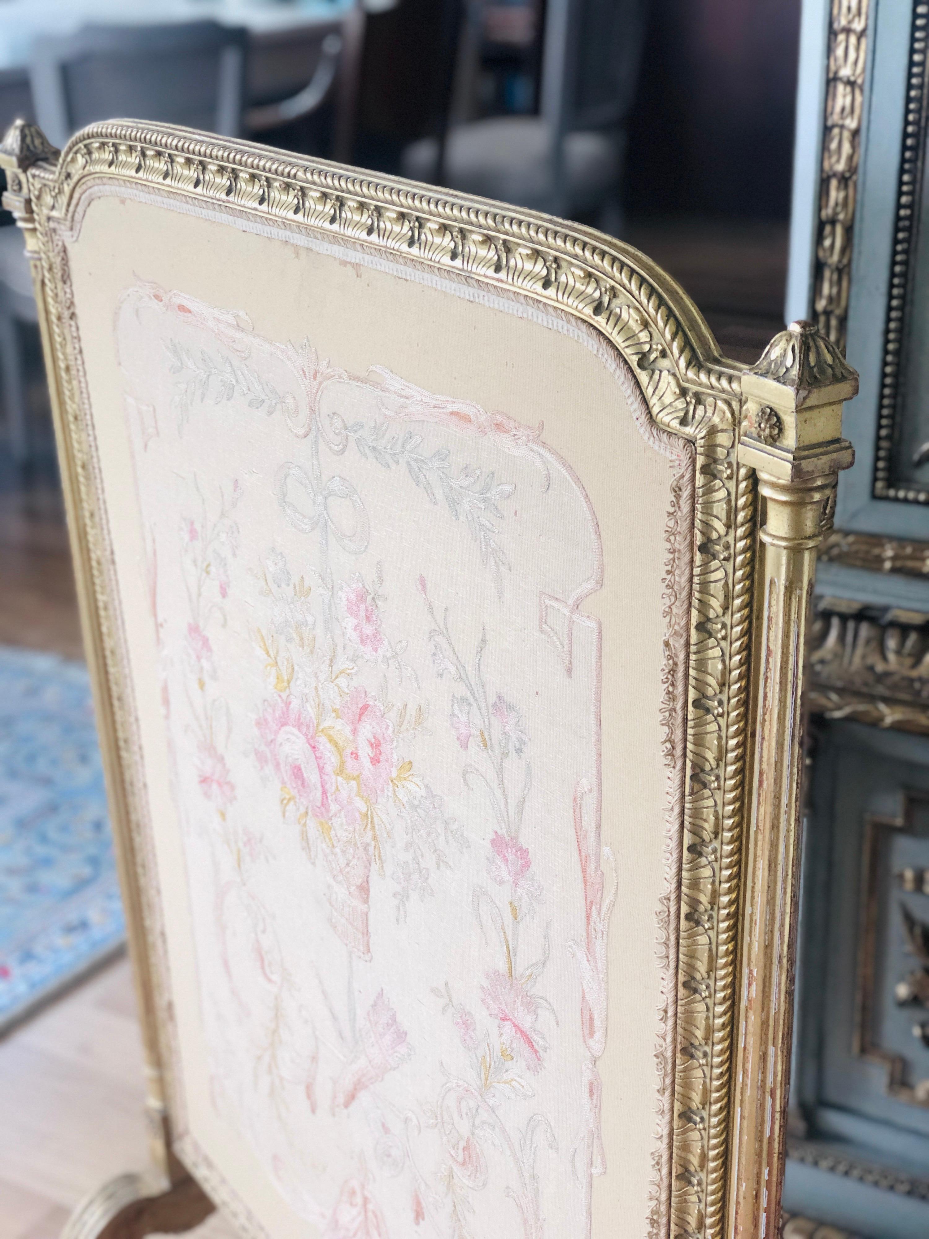 19th Century French Fireplace Screen in Hand Carved Frame and Silk ...