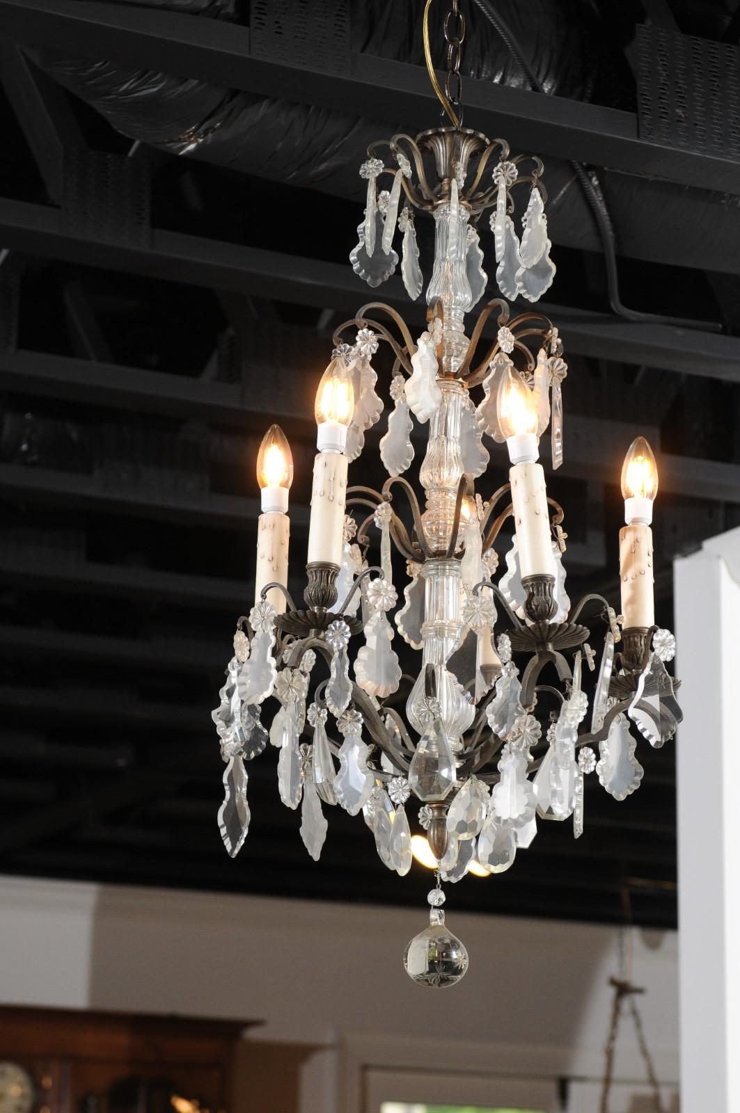 19th Century French Five-Light Iron and Crystal Chandelier with Pendeloques For Sale 8