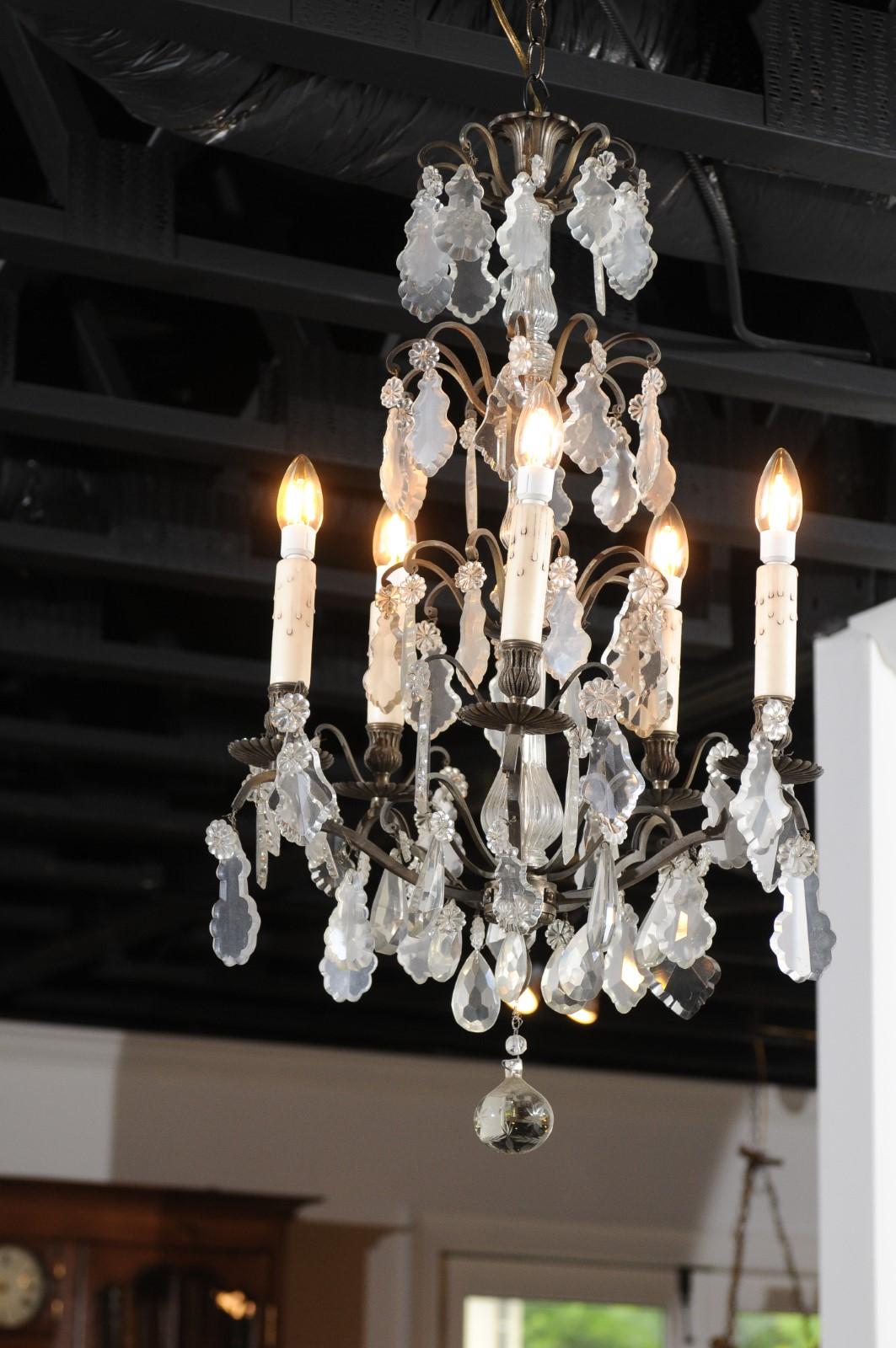 19th Century French Five-Light Iron and Crystal Chandelier with Pendeloques For Sale 9