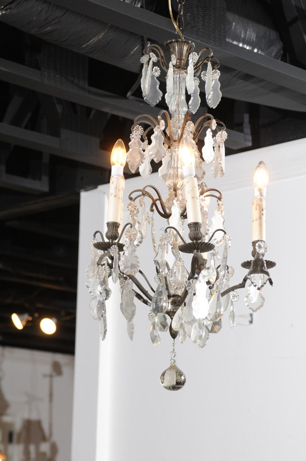 19th Century French Five-Light Iron and Crystal Chandelier with Pendeloques In Good Condition For Sale In Atlanta, GA