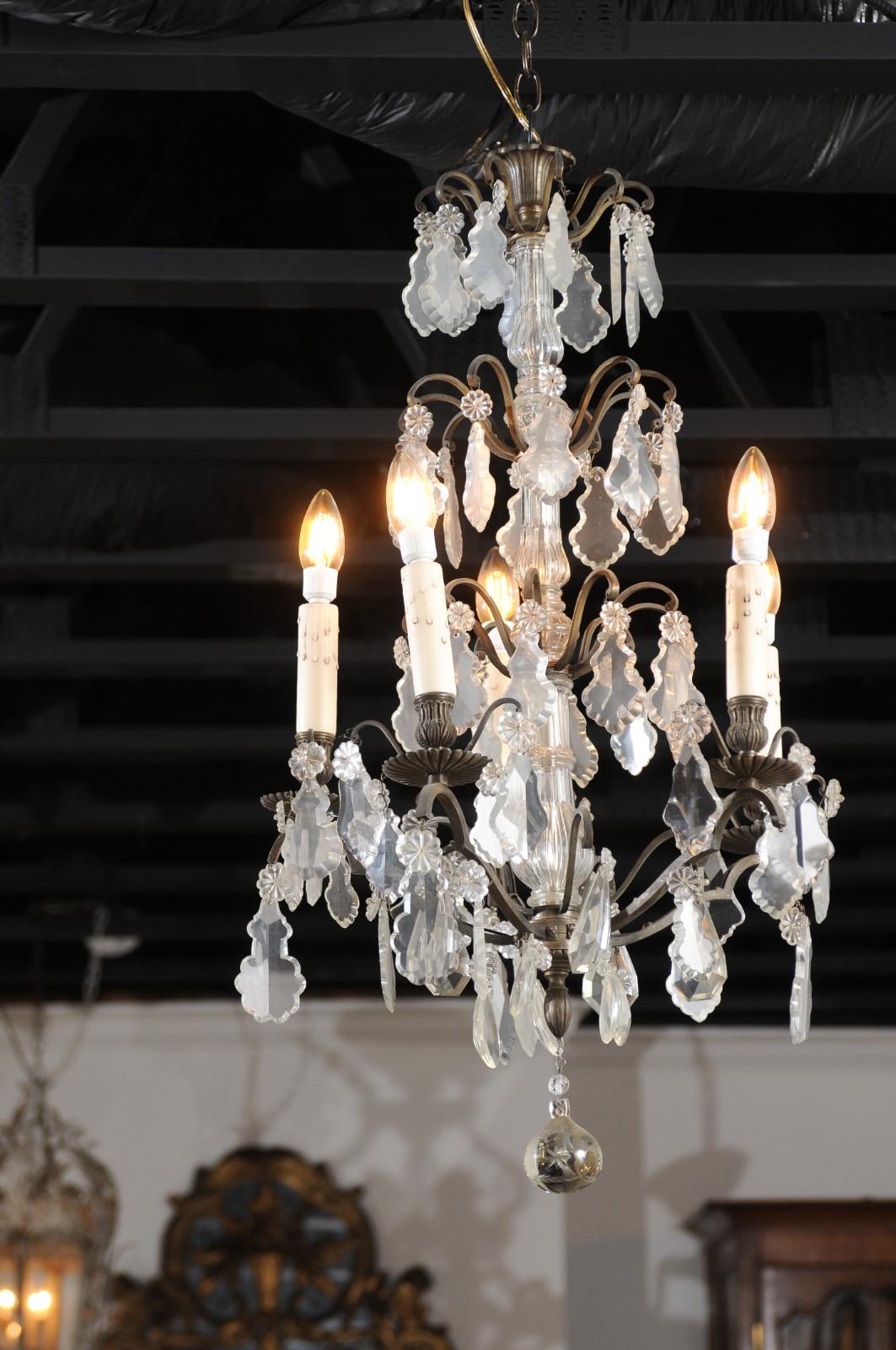 19th Century French Five-Light Iron and Crystal Chandelier with Pendeloques For Sale 1