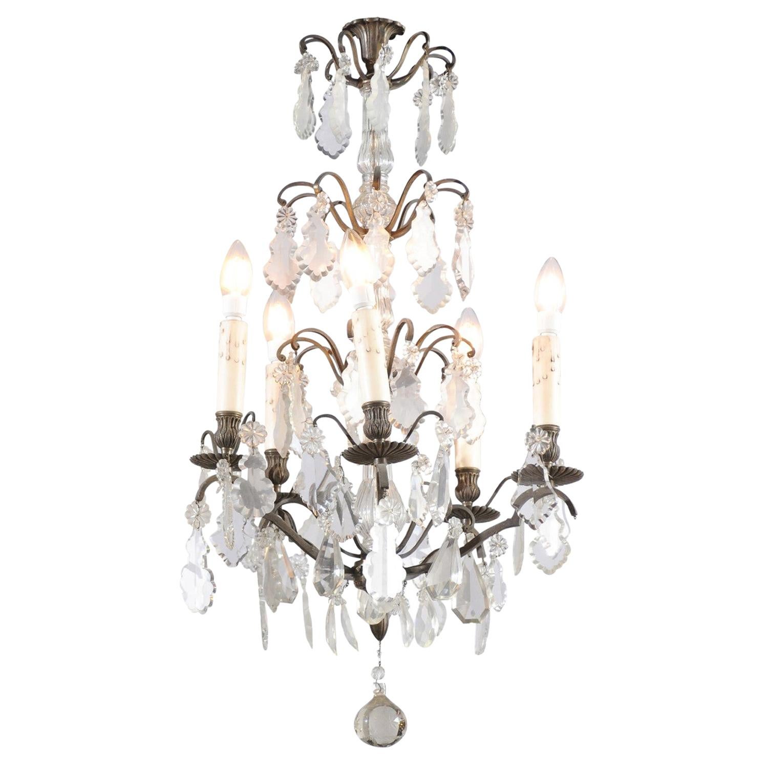 19th Century French Five-Light Iron and Crystal Chandelier with Pendeloques For Sale
