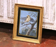 19th Century French Fixé Sous Verre Bird Painting in Carved Giltwood Frame