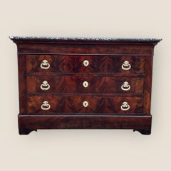 Antique 19th Century French Flame Mahogany & Brass Handled Marble Topped Commode