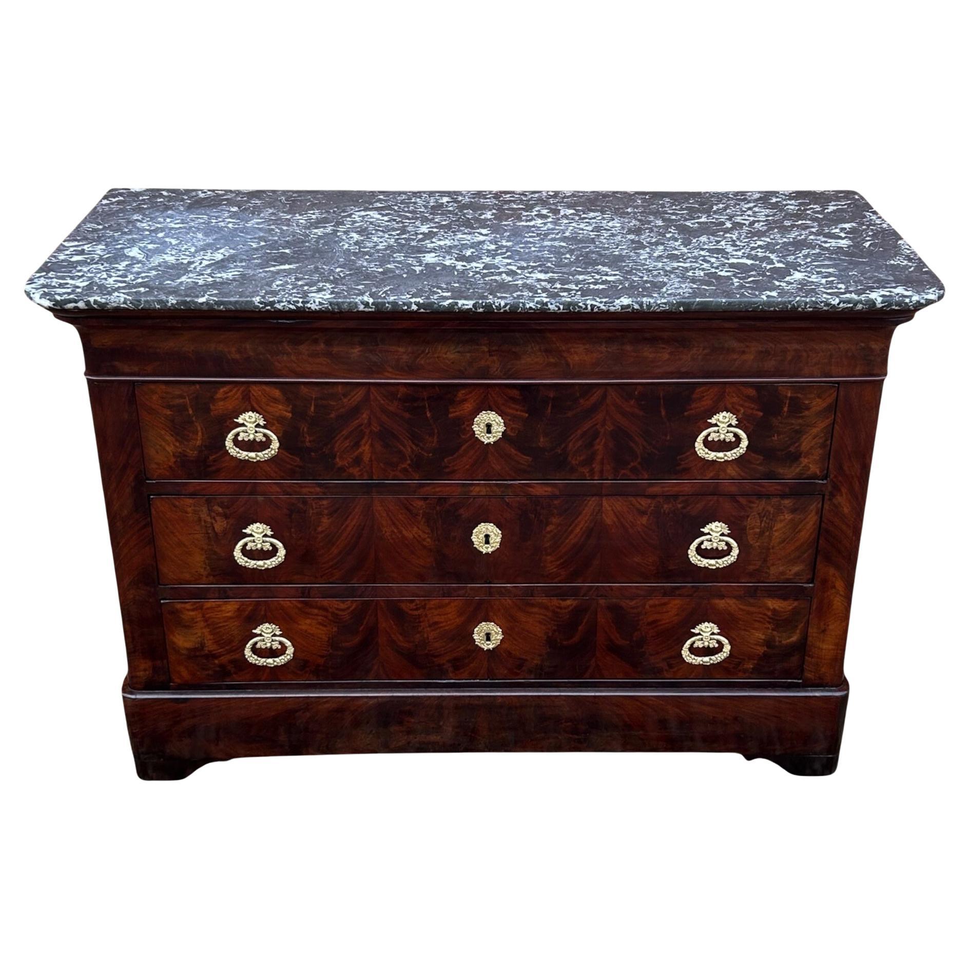 19th Century French Flame Mahogany Marble Topped Commode
