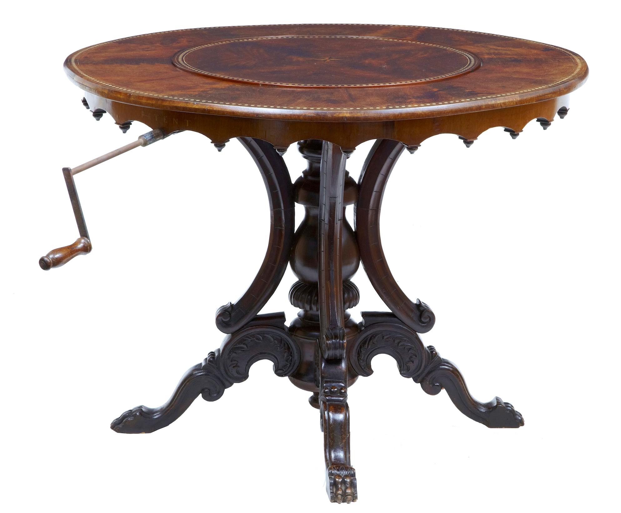 19th Century French Flame Mahogany Mechanised Lazy Susan Center Table
