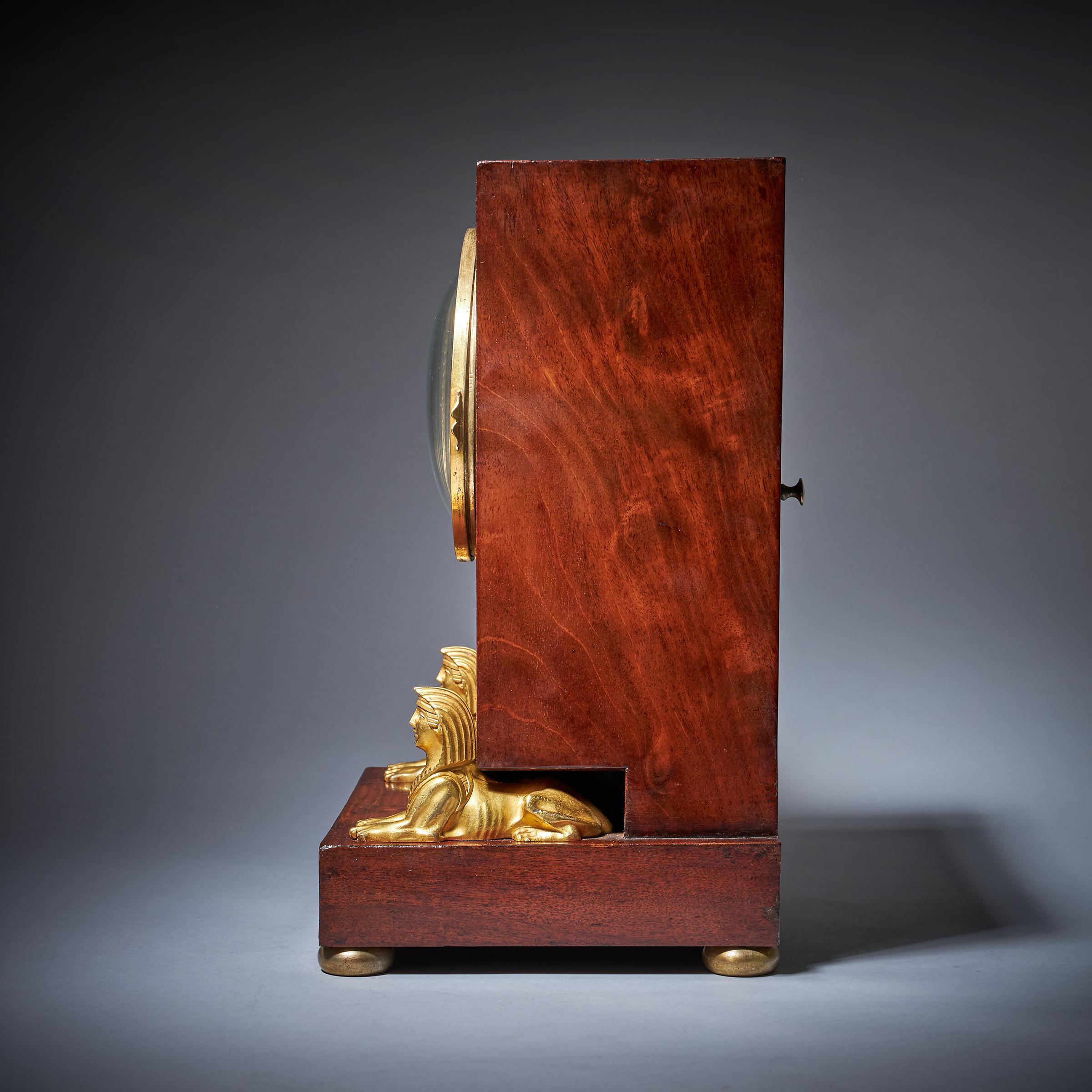 Brass 19th Century French Flame Mahogany Napoleon Empire Period Mantel Clock For Sale