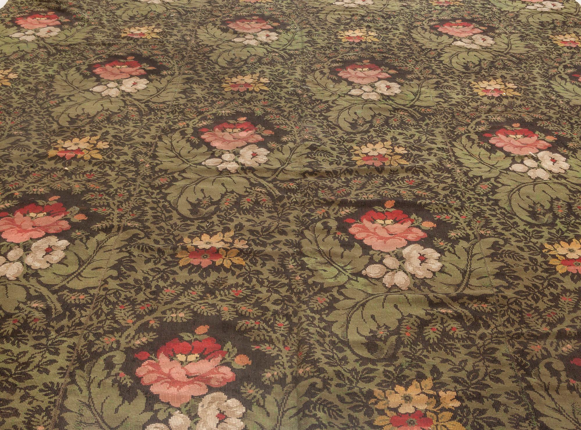 19th Century French Floral Design Green, Black and Pink Flat Weave Wool Rug
Size: 9'4