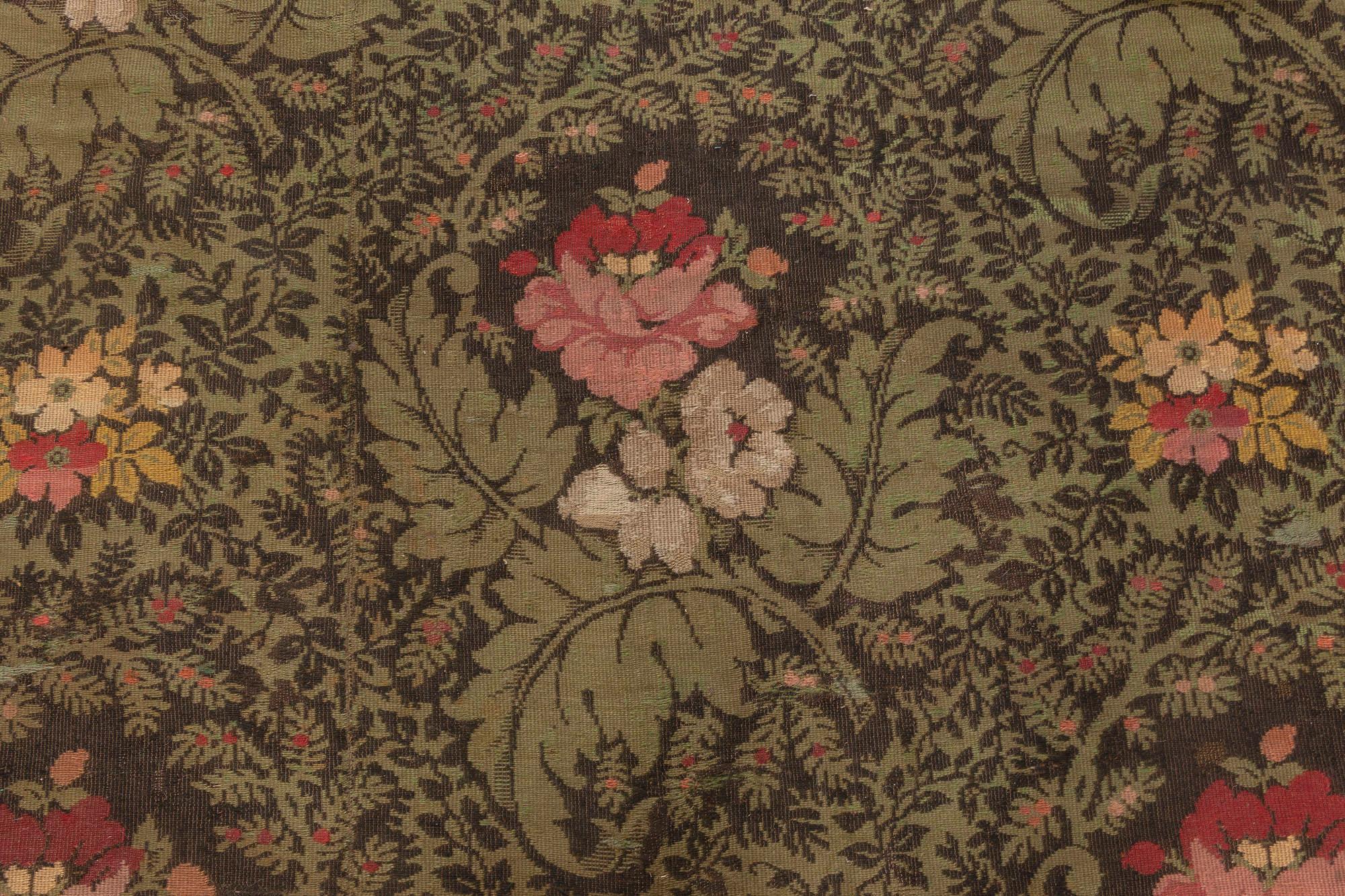 19th Century French Floral Design Green, Black, Pink Needlework Rug In Good Condition For Sale In New York, NY