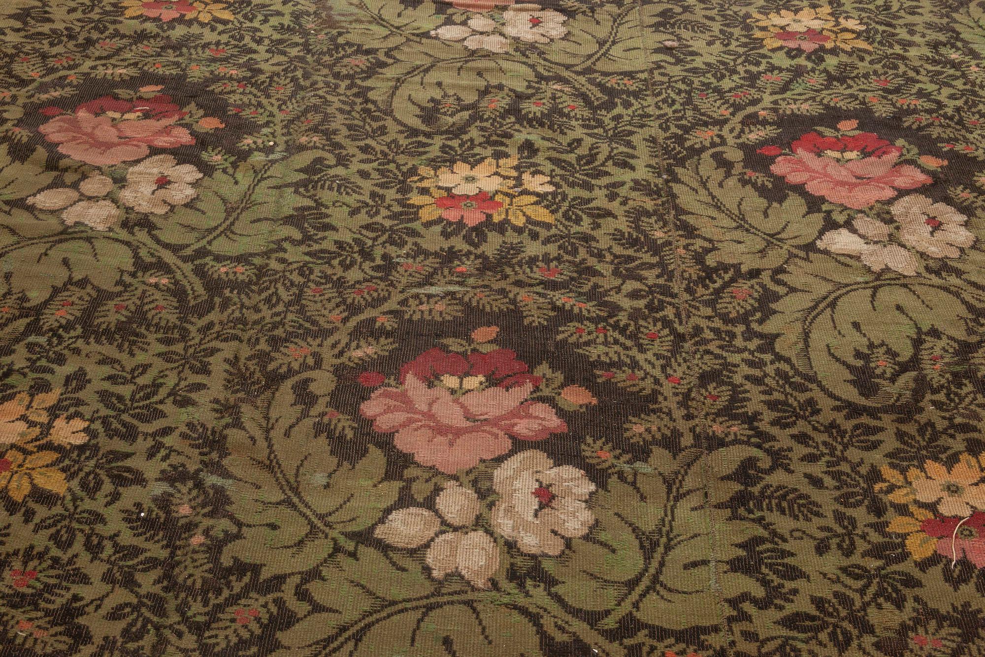 Cotton 19th Century French Floral Design Green, Black, Pink Needlework Rug For Sale