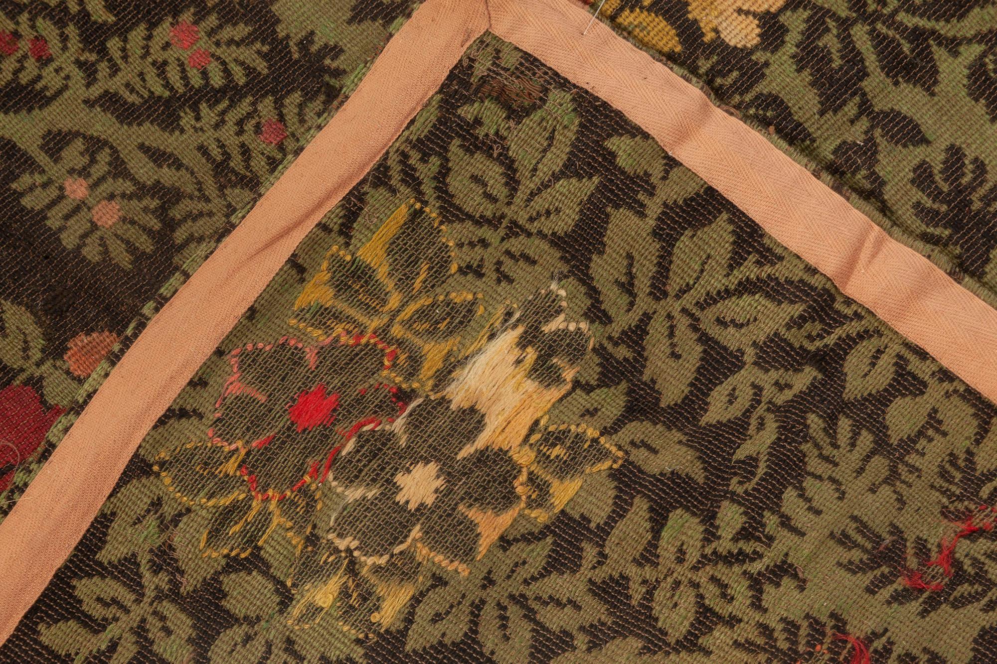 19th Century French Floral Design Green, Black, Pink Needlework Rug For Sale 3