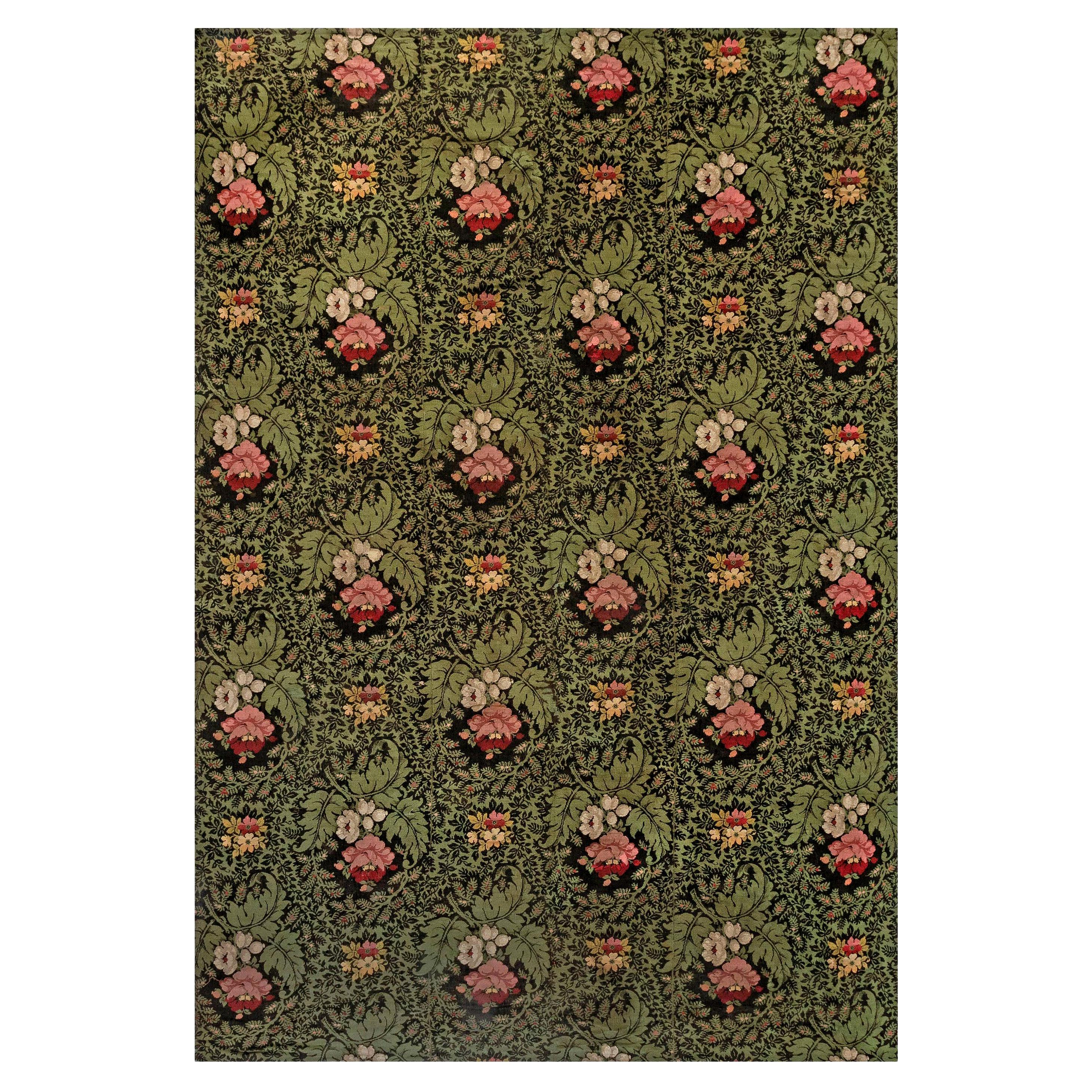 19th Century French Floral Design Green, Black, Pink Needlework Rug For Sale
