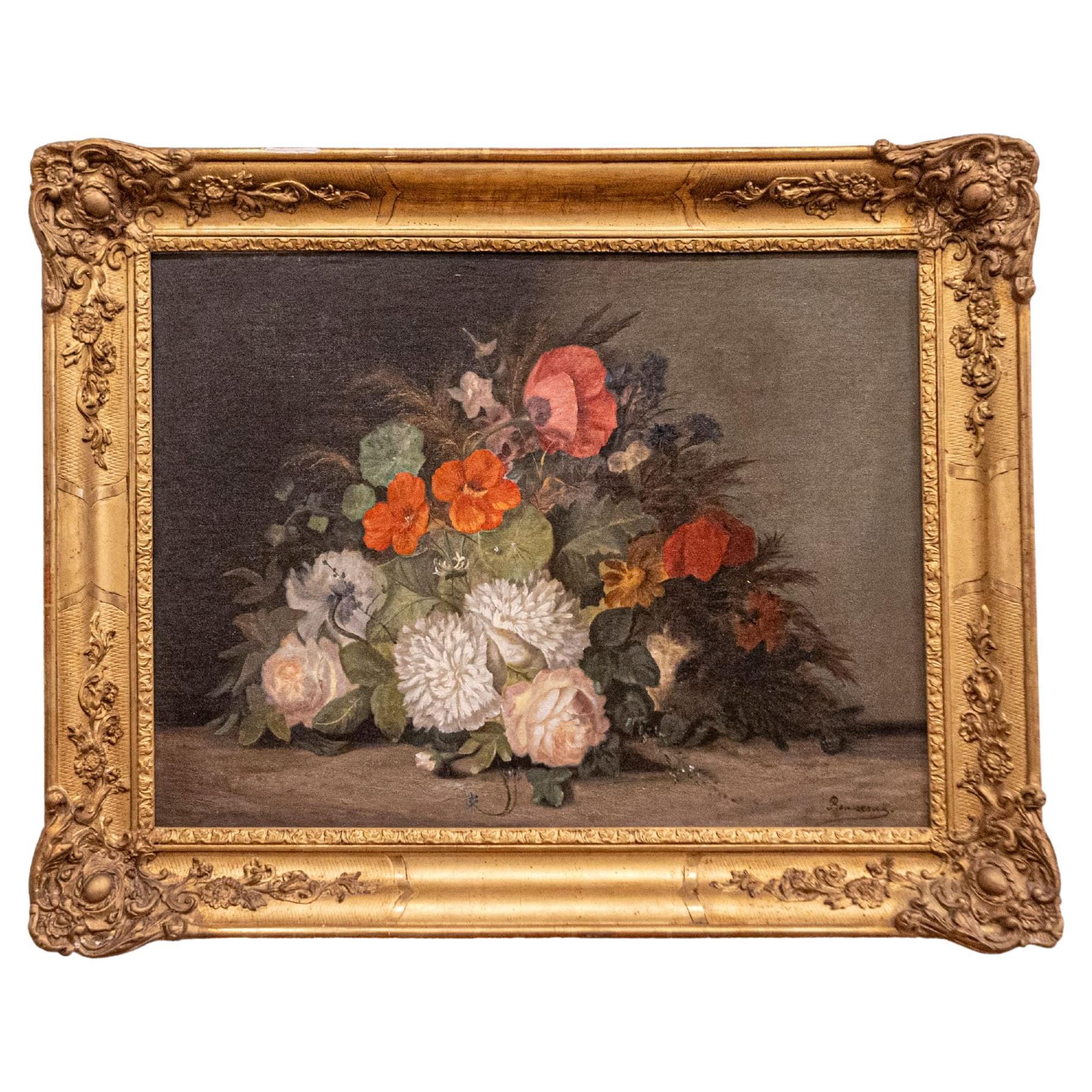 19th Century French Floral Painting Signed Philippe Rousseau in Giltwood Frame