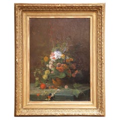 Nature morte florale française du XIXe siècle Huile sur toile dans un cadre en bois doré sculpté