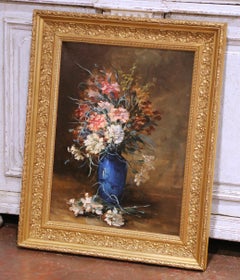 Pittura francese del XIX secolo con natura morta floreale, olio su tela e cornice dorata