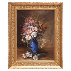 Pittura francese del XIX secolo con natura morta floreale, olio su tela e cornice dorata