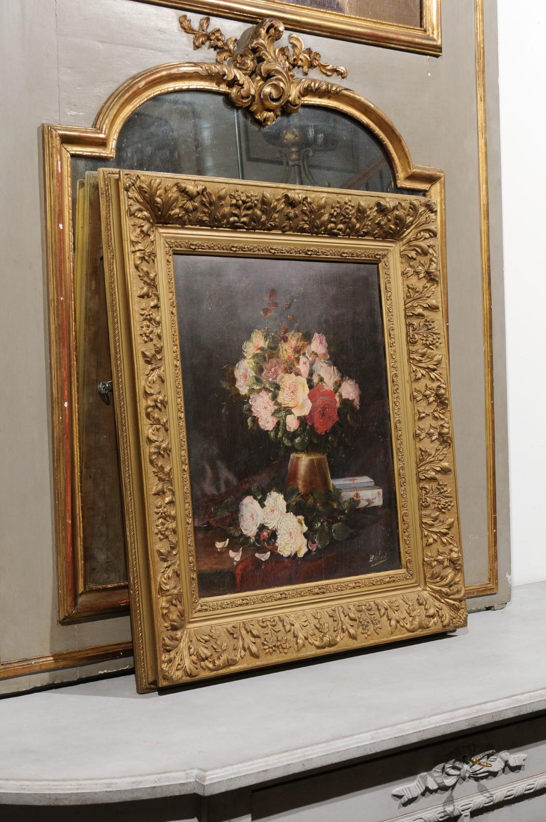19th Century French Floral Still-Life Painting Depicting Roses in Original Frame For Sale 1