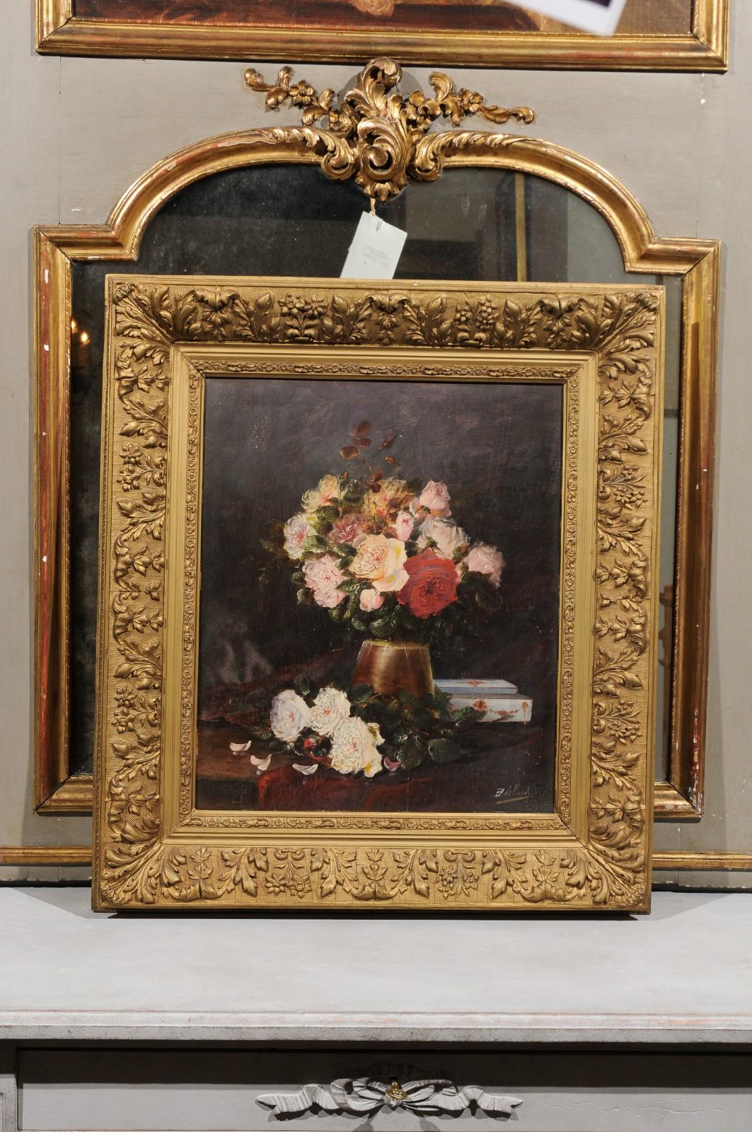 A French floral still-life painting from the 19th century in original frame. Born in France during the politically dynamic 19th century, this exquisite painting features a lovely bouquet of pink, red and yellow roses displayed in a copper-hued vase,