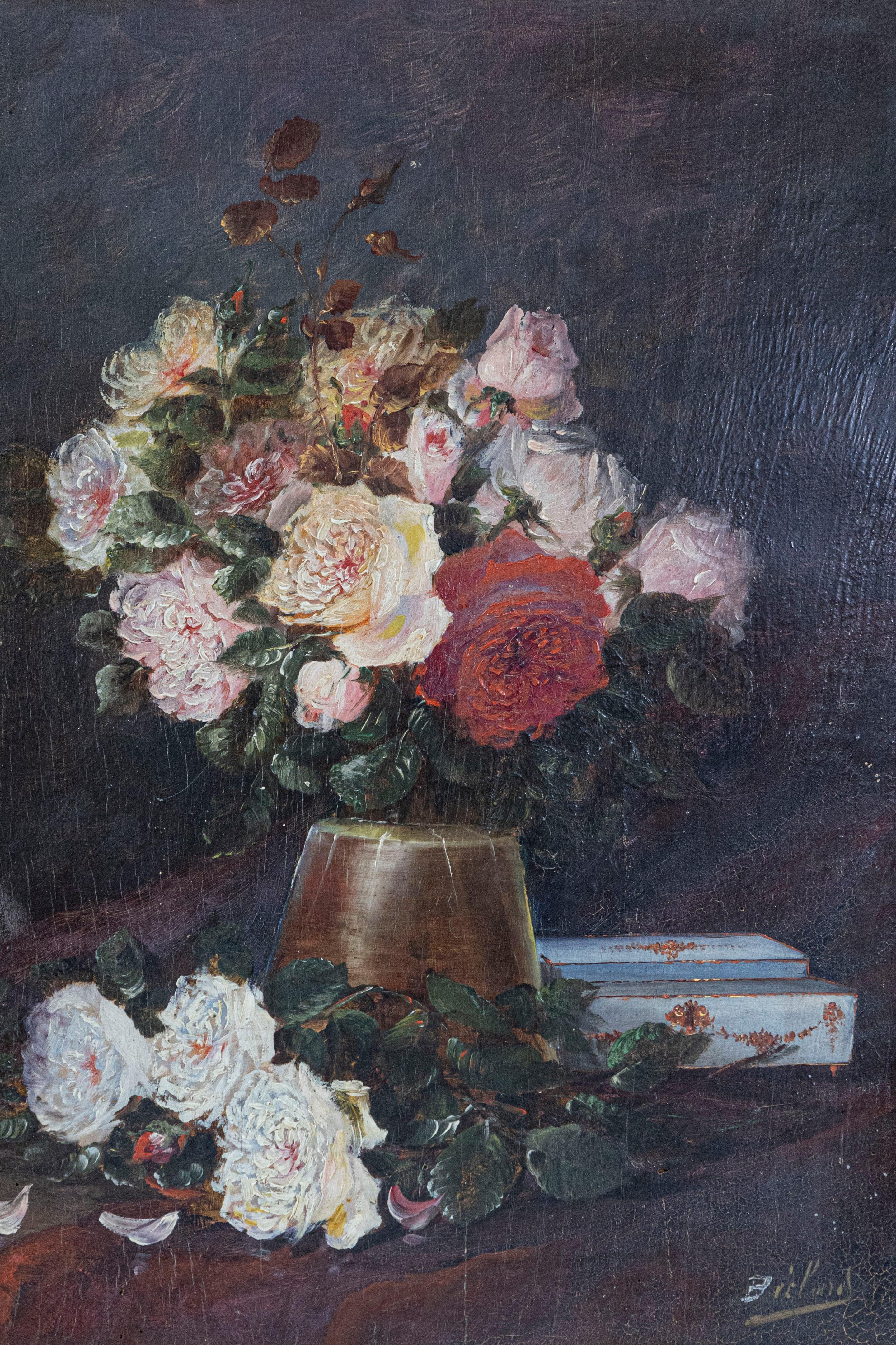 English 19th Century French Floral Still-Life Painting Depicting Roses in Original Frame For Sale
