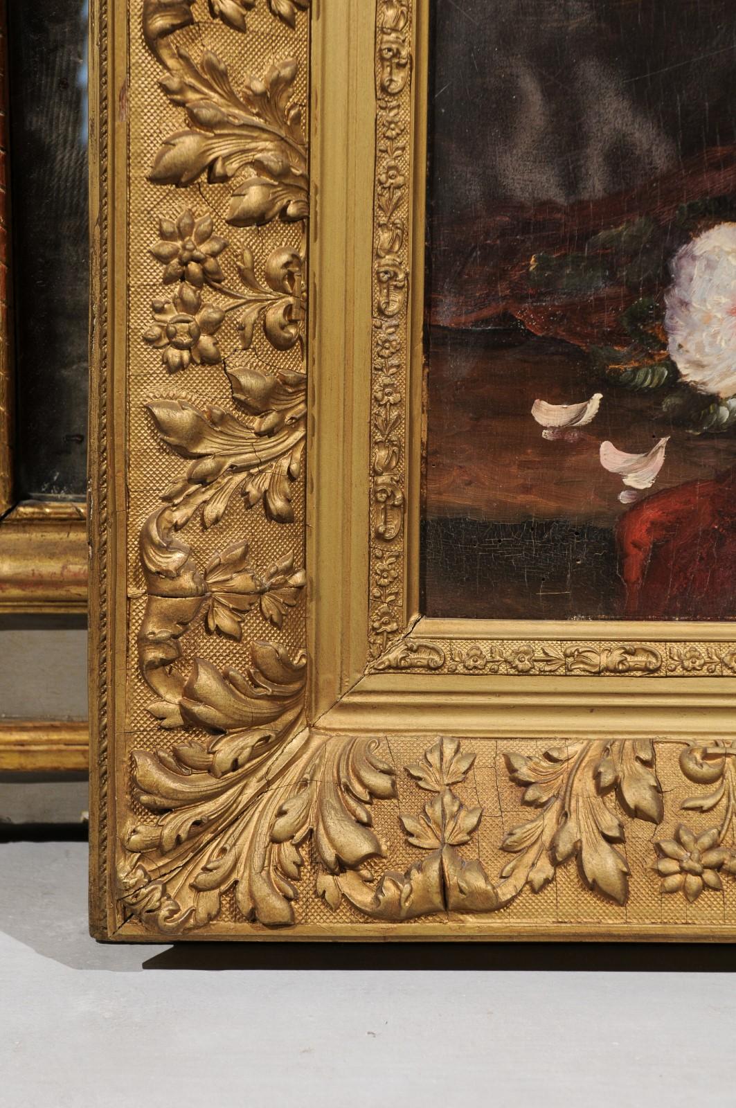 English 19th Century French Floral Still-Life Painting Depicting Roses in Original Frame For Sale