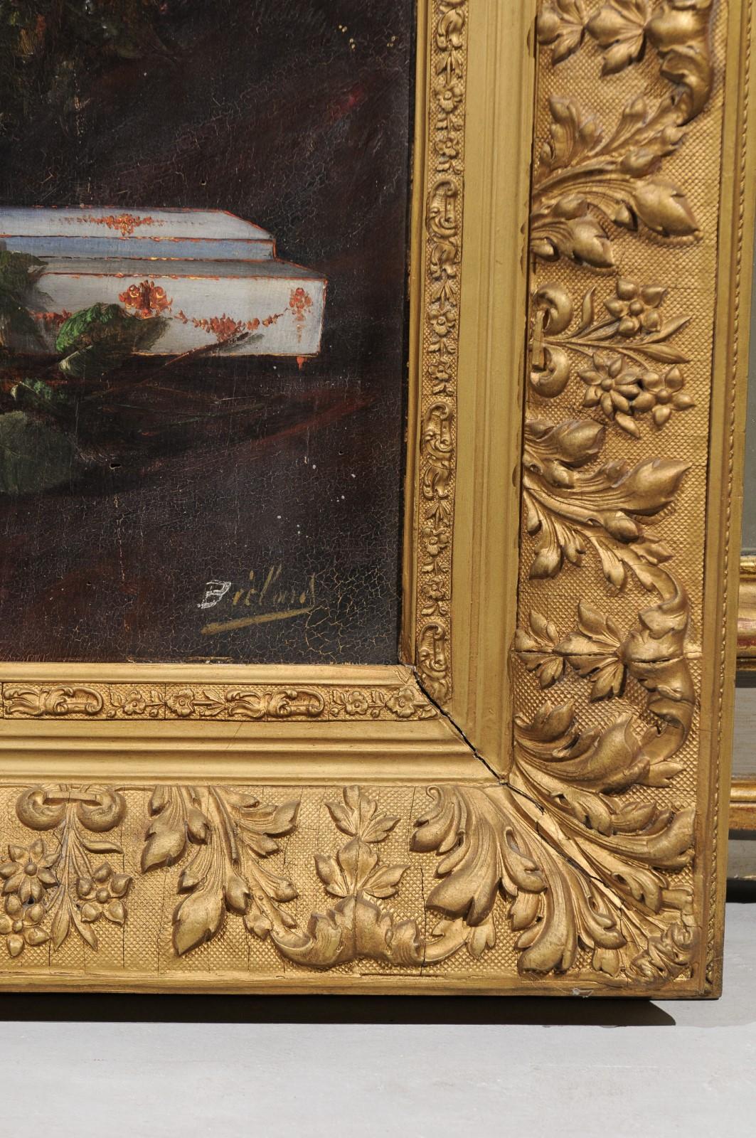 Carved 19th Century French Floral Still-Life Painting Depicting Roses in Original Frame For Sale
