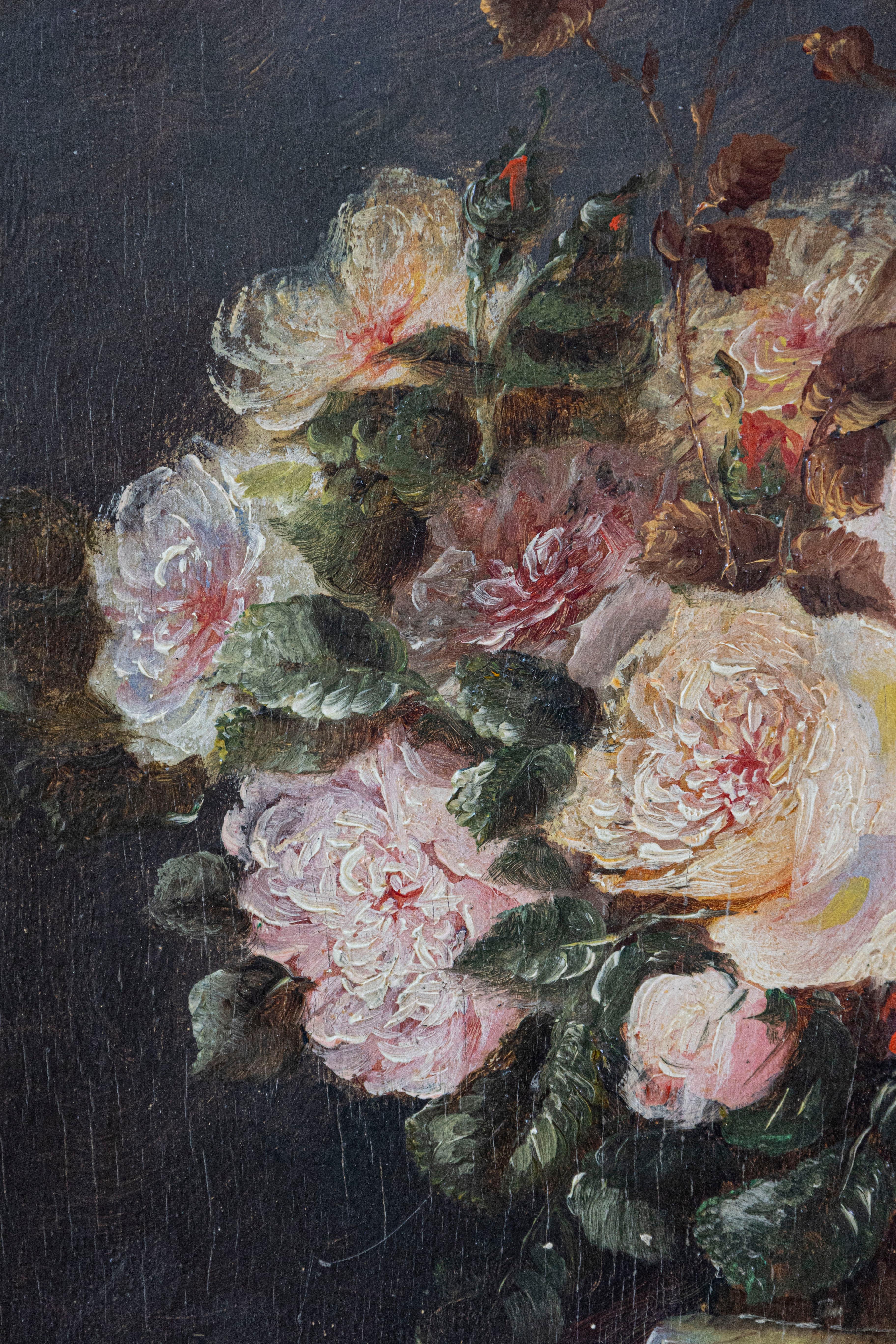 19th Century French Floral Still-Life Painting Depicting Roses in Original Frame For Sale 2
