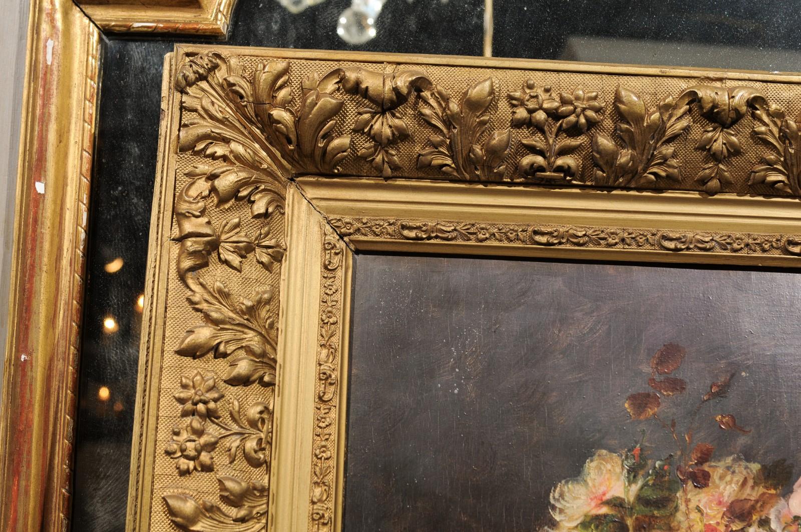 Giltwood 19th Century French Floral Still-Life Painting Depicting Roses in Original Frame For Sale