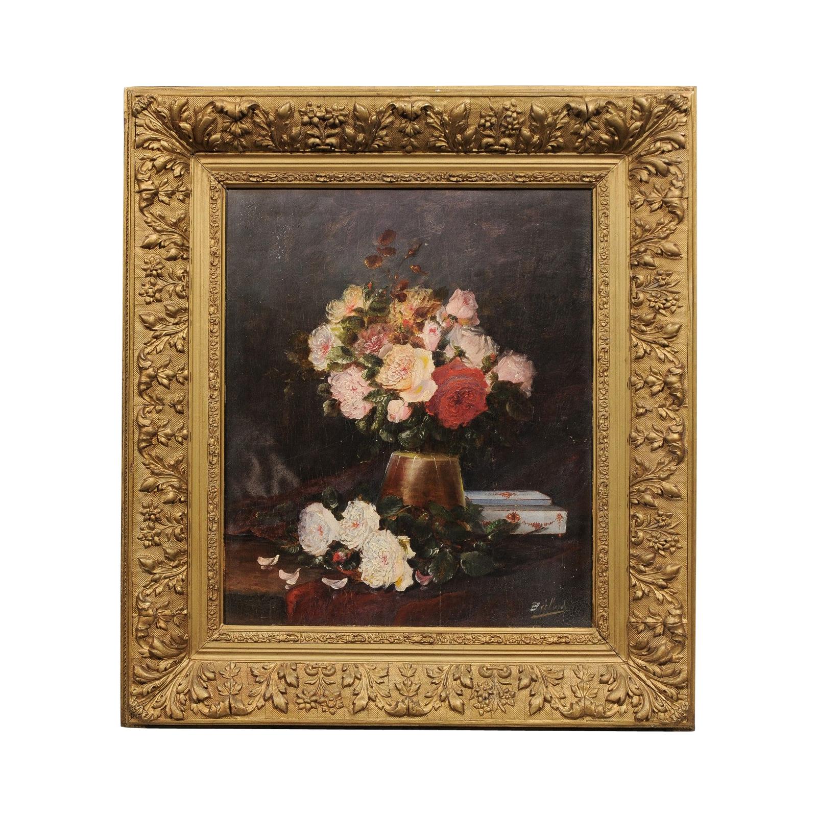 19th Century French Floral Still-Life Painting Depicting Roses in Original Frame