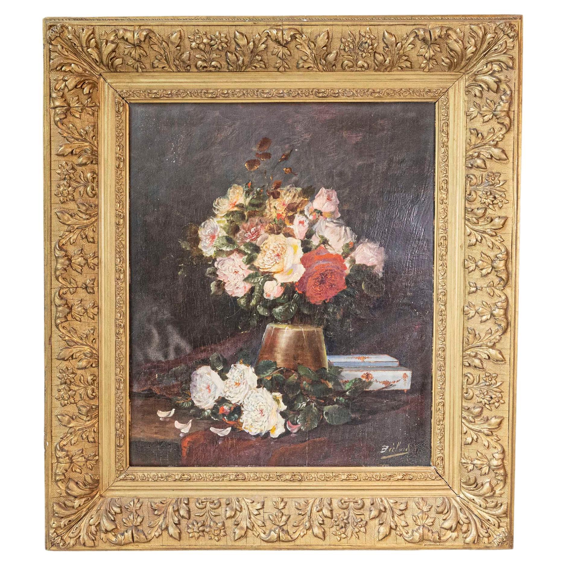 19th Century French Floral Still-Life Painting Depicting Roses in Original Frame