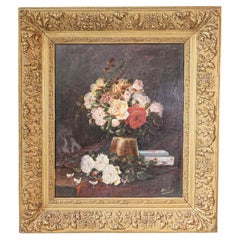 Französisches geblümtes Stillleben des 19. Jahrhunderts mit der Darstellung von Rosen in Originalrahmen