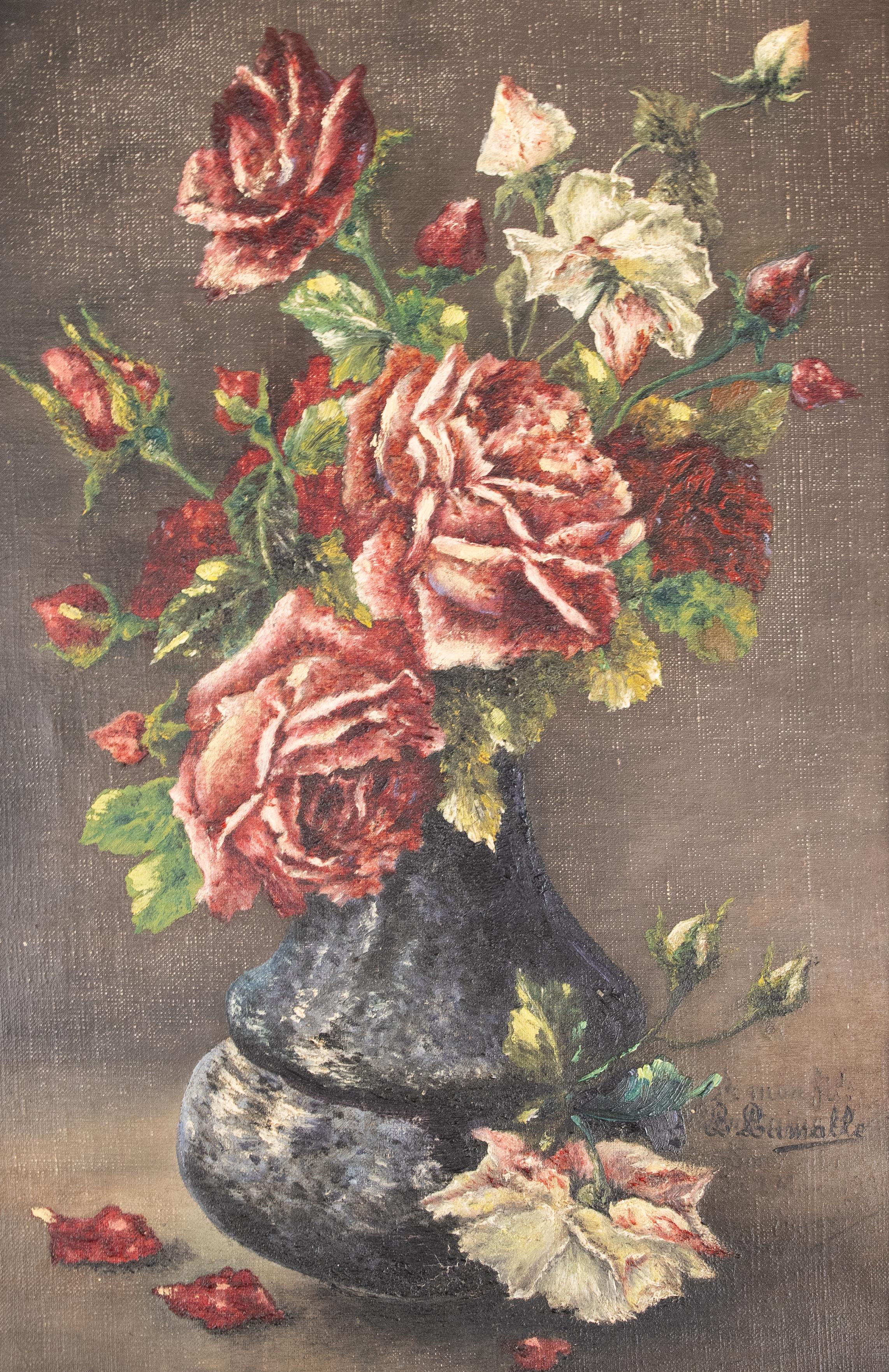 Wonderfully romantic still life oil on canvas featuring antique roses in crimson and pink. Some fully open, petals dropping below, others still in bud, set within a lobed blue and white vase. Displayed within an ornate gold gilt frame. Signature