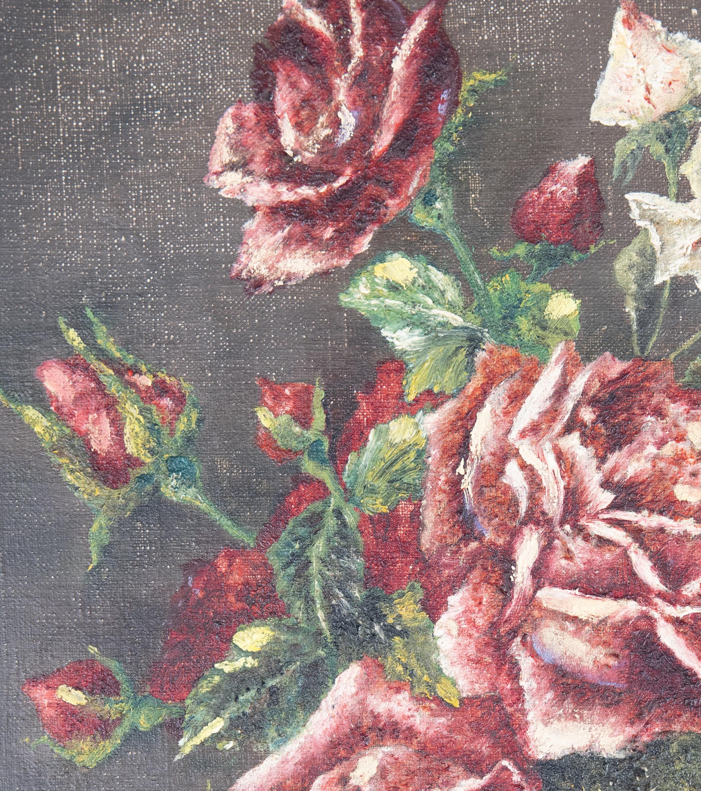 Victorian 19th Century French Floral Still Life Painting of Roses, Oil on Canvas, Signed