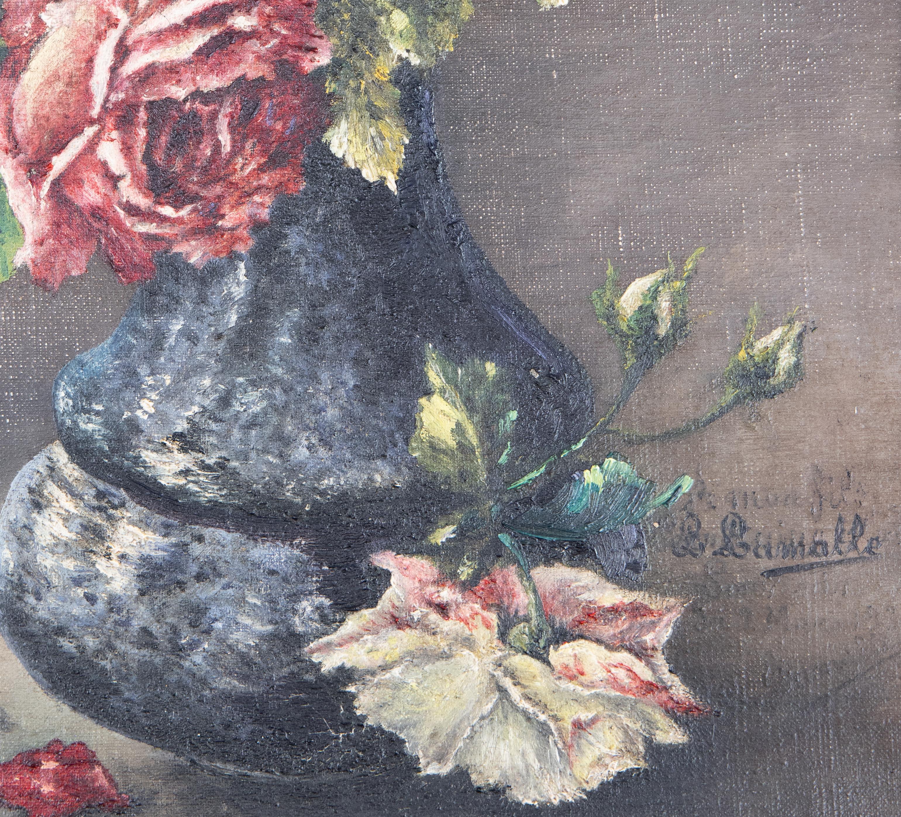 19th Century French Floral Still Life Painting of Roses, Oil on Canvas, Signed In Good Condition In Pearland, TX