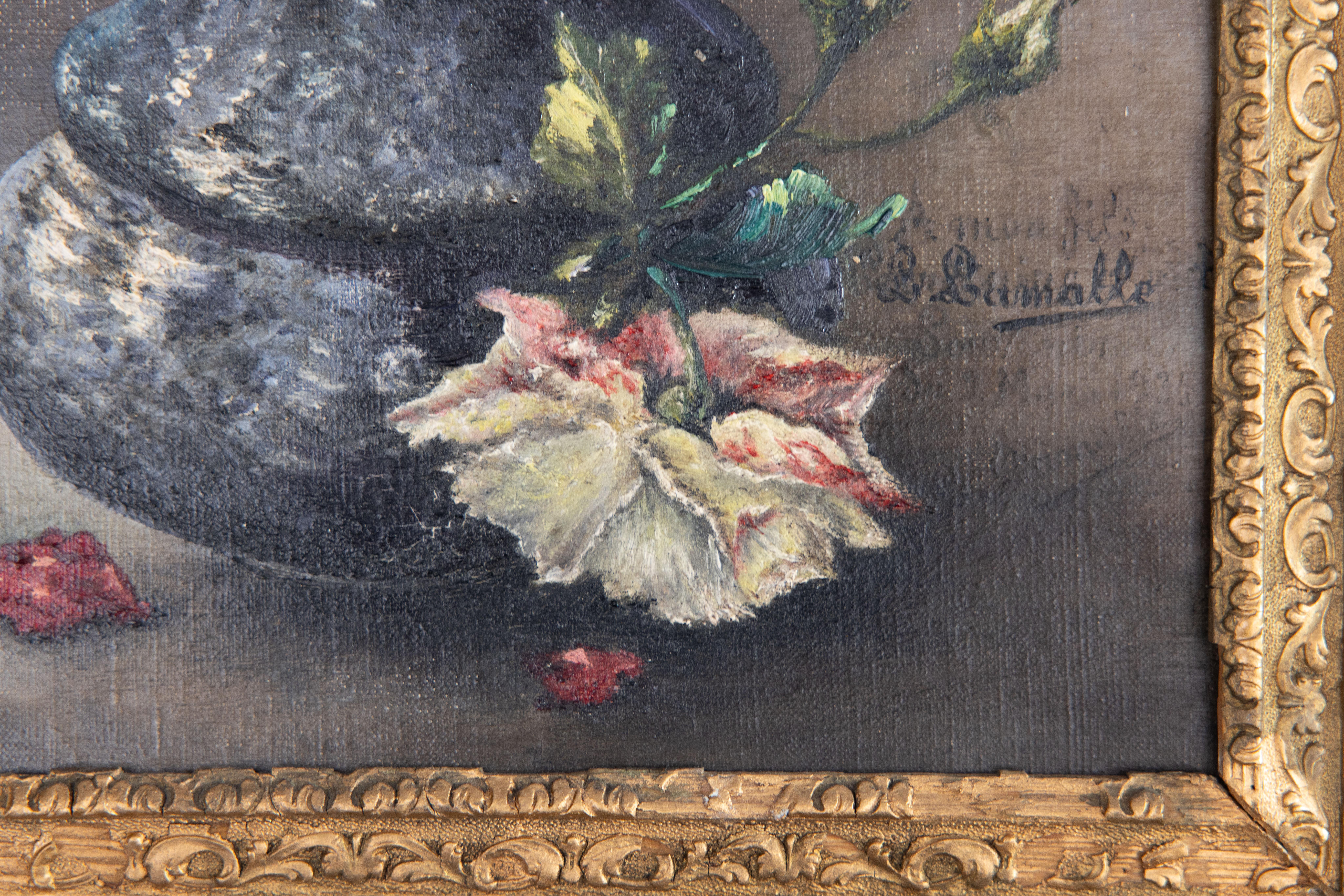 19th Century French Floral Still Life Painting of Roses, Oil on Canvas, Signed 1