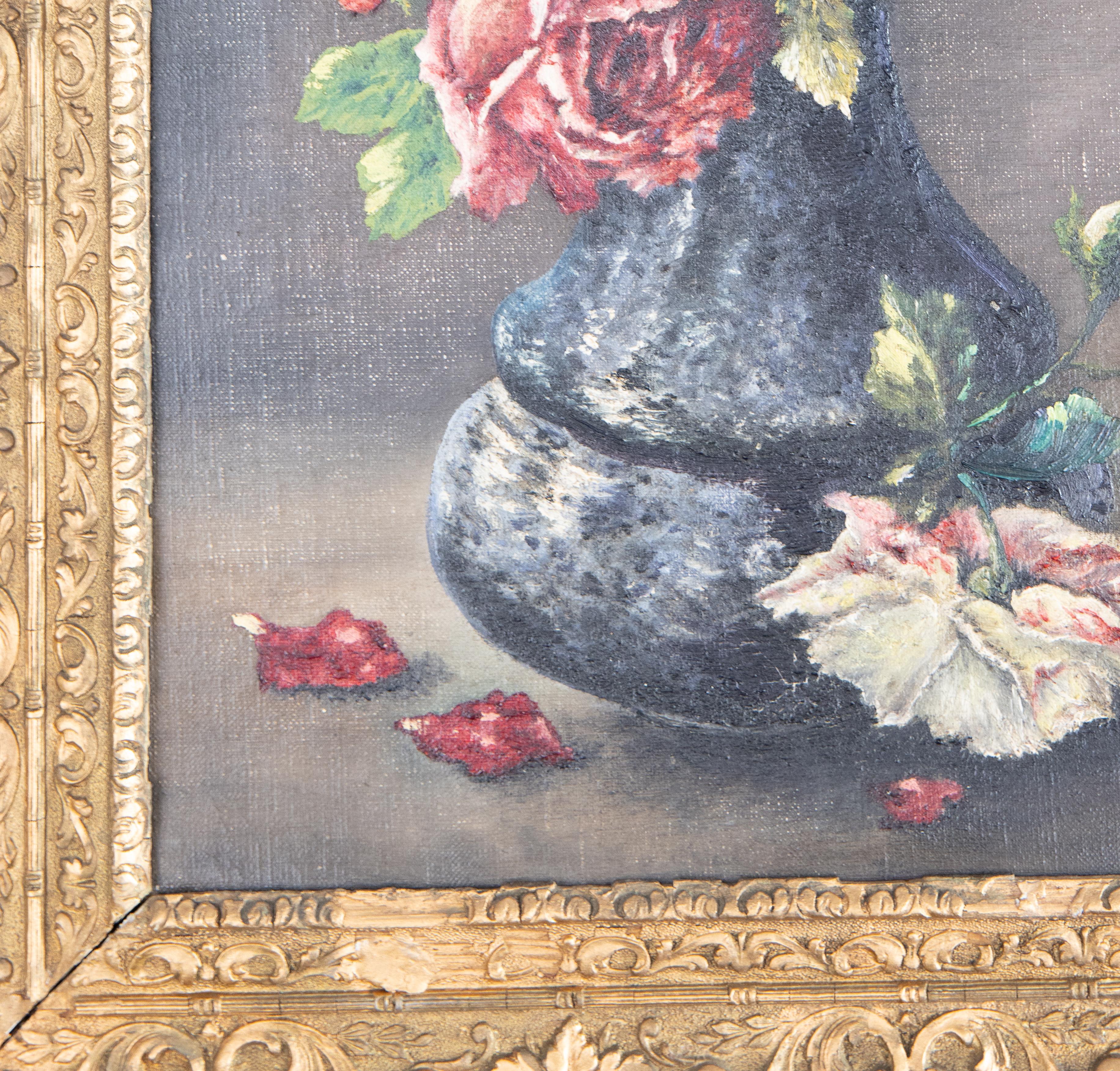 19th Century French Floral Still Life Painting of Roses, Oil on Canvas, Signed 3
