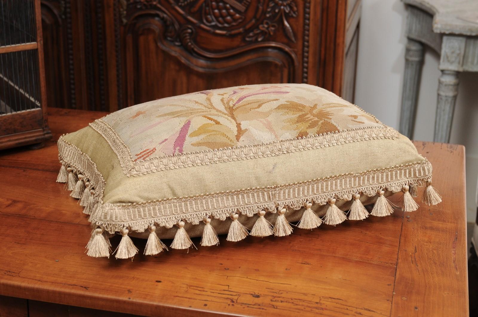19th Century French Floral Themed Aubusson Tapestry Pillow with Tassels 7