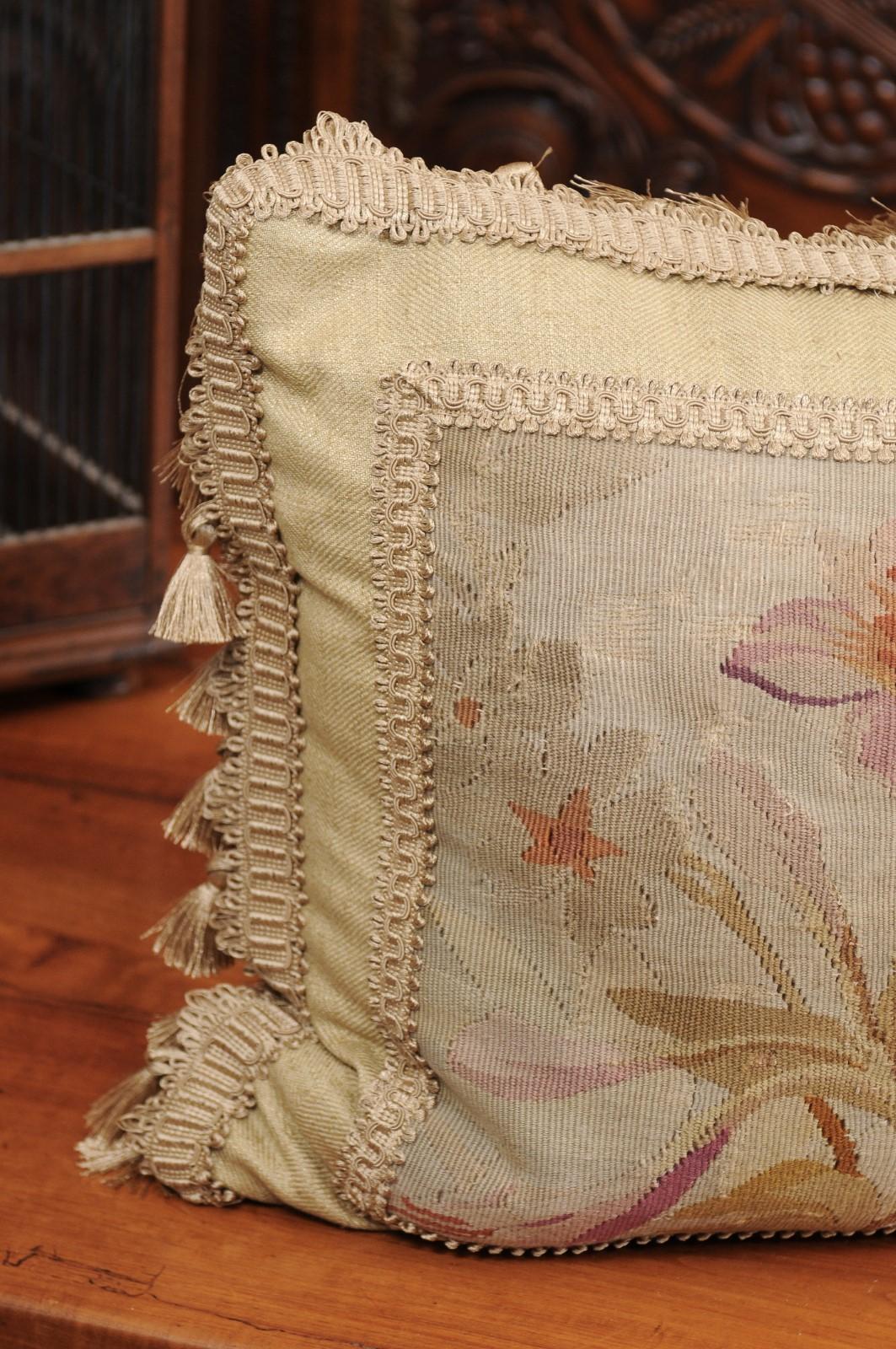 19th Century French Floral Themed Aubusson Tapestry Pillow with Tassels In Good Condition In Atlanta, GA