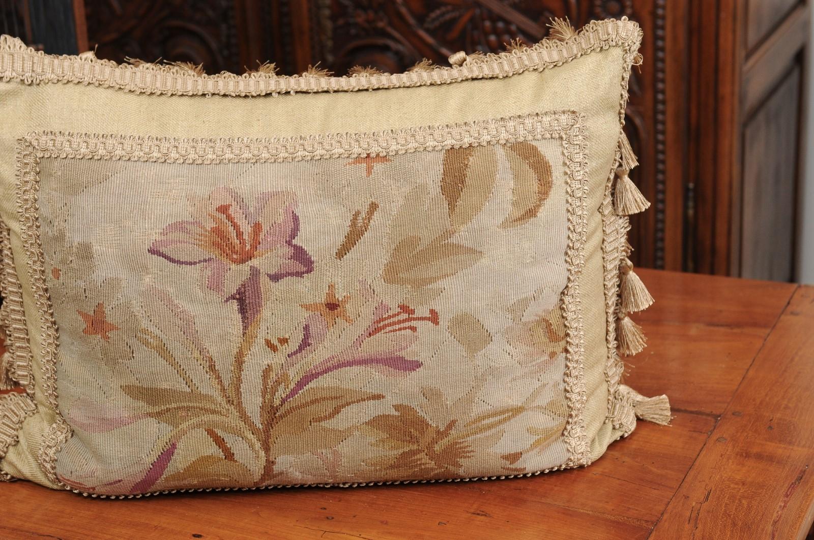 19th Century French Floral Themed Aubusson Tapestry Pillow with Tassels 1
