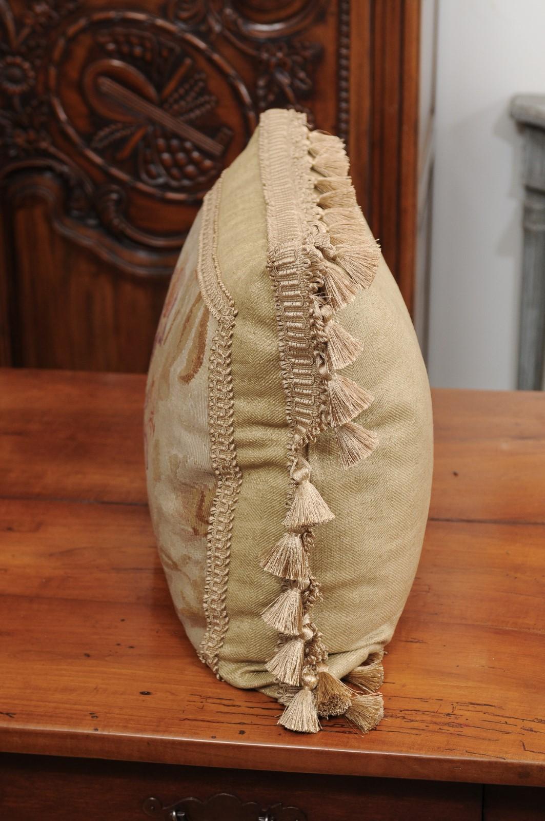 19th Century French Floral Themed Aubusson Tapestry Pillow with Tassels 5