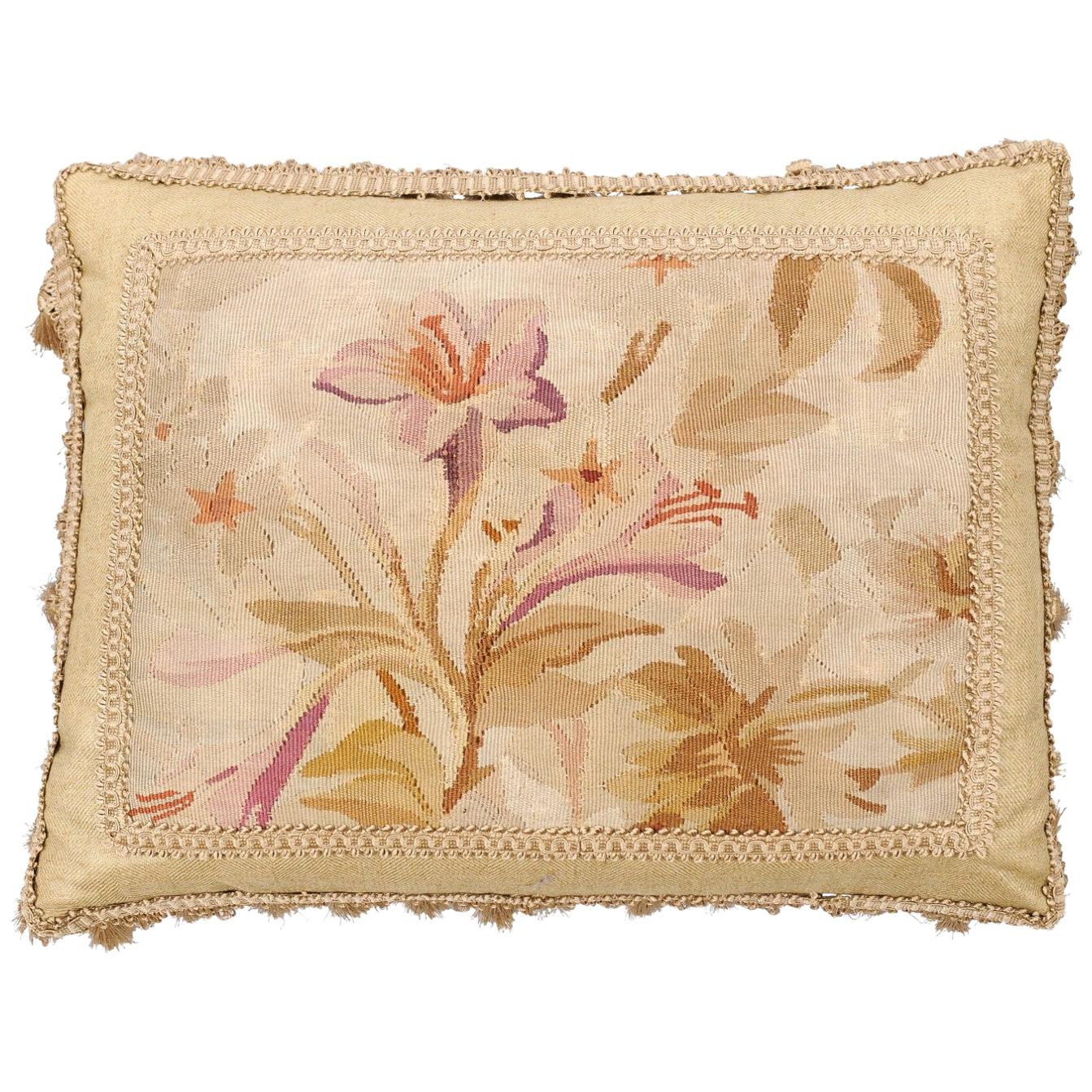 19th Century French Floral Themed Aubusson Tapestry Pillow with Tassels