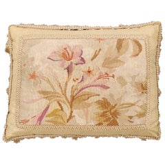 Antique 19th Century French Floral Themed Aubusson Tapestry Pillow with Tassels