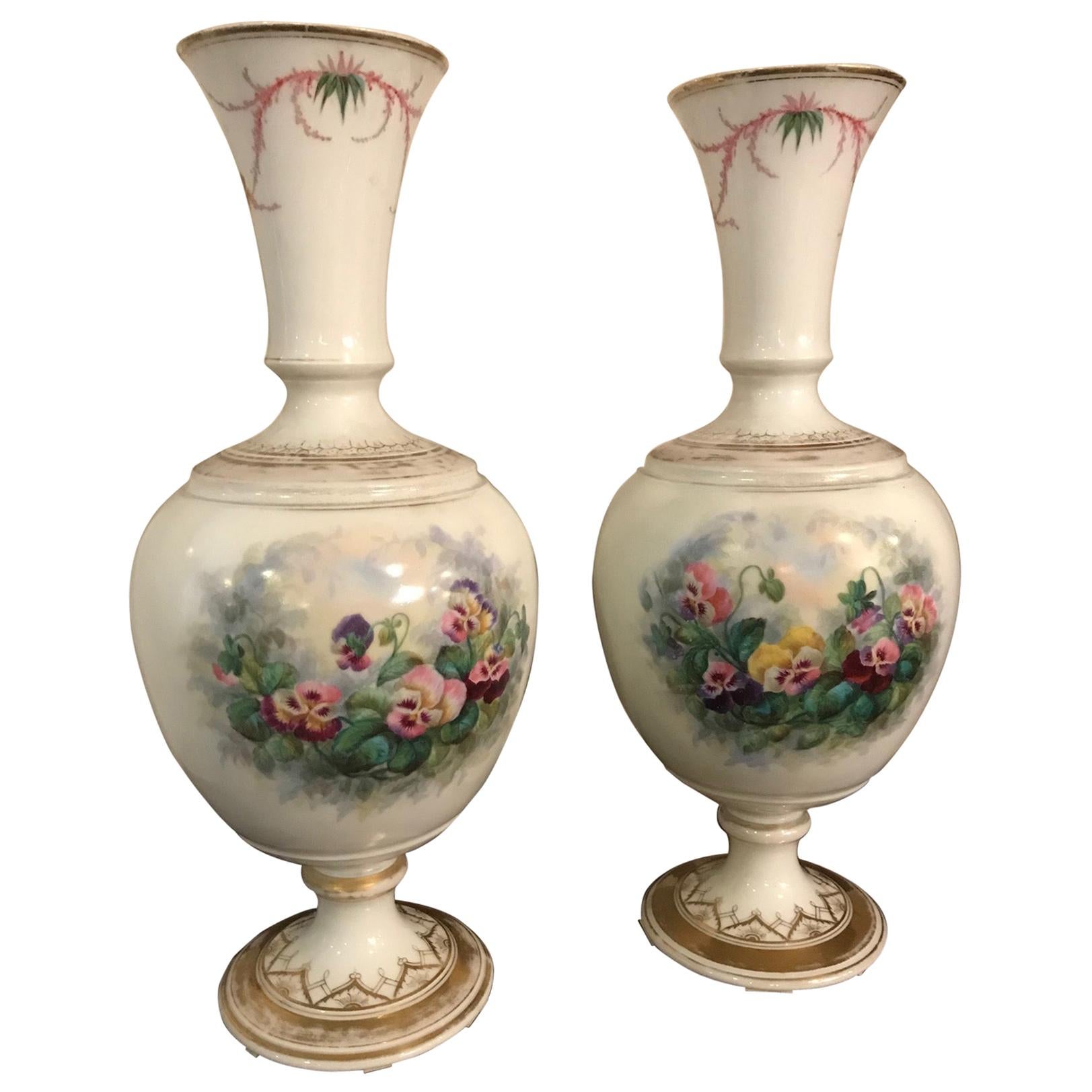 19th Century French Flowers Decoration Pair of Vases, 1850s For Sale