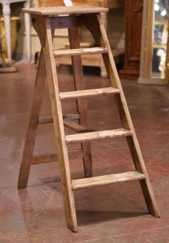 19th Century French Folding Pine Five-Step Ladder with Numbered Plaque