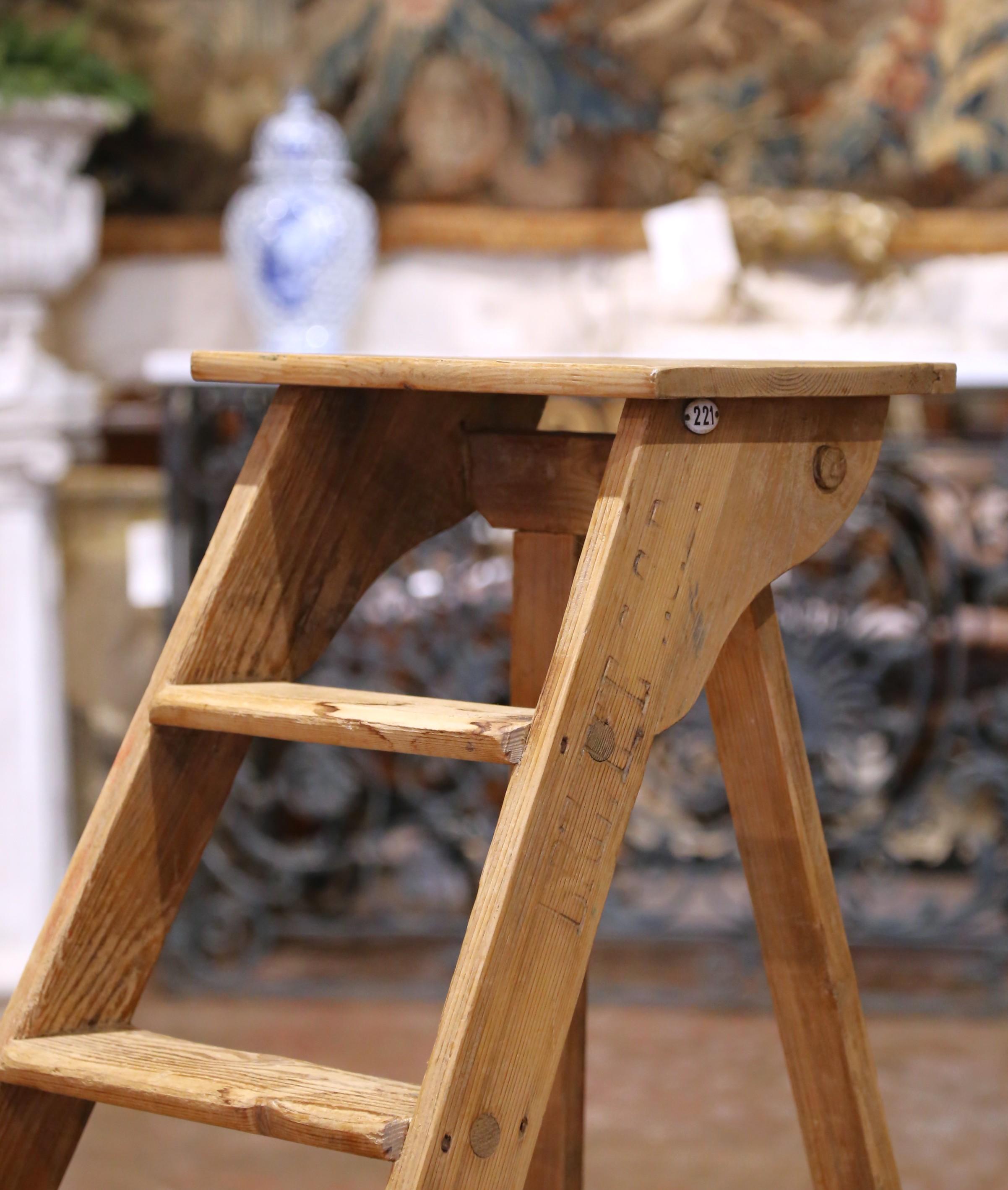 Hand-Carved 19th Century French Folding Pine Five-Step Ladder with Numbered Plaque For Sale
