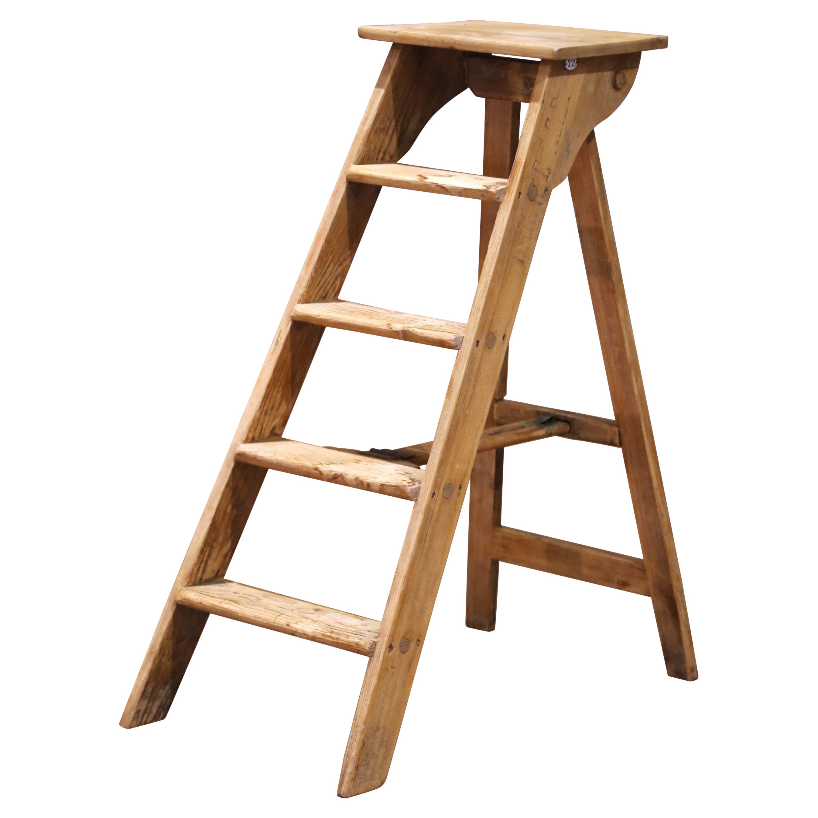 19th Century French Folding Pine Five-Step Ladder with Numbered Plaque For Sale