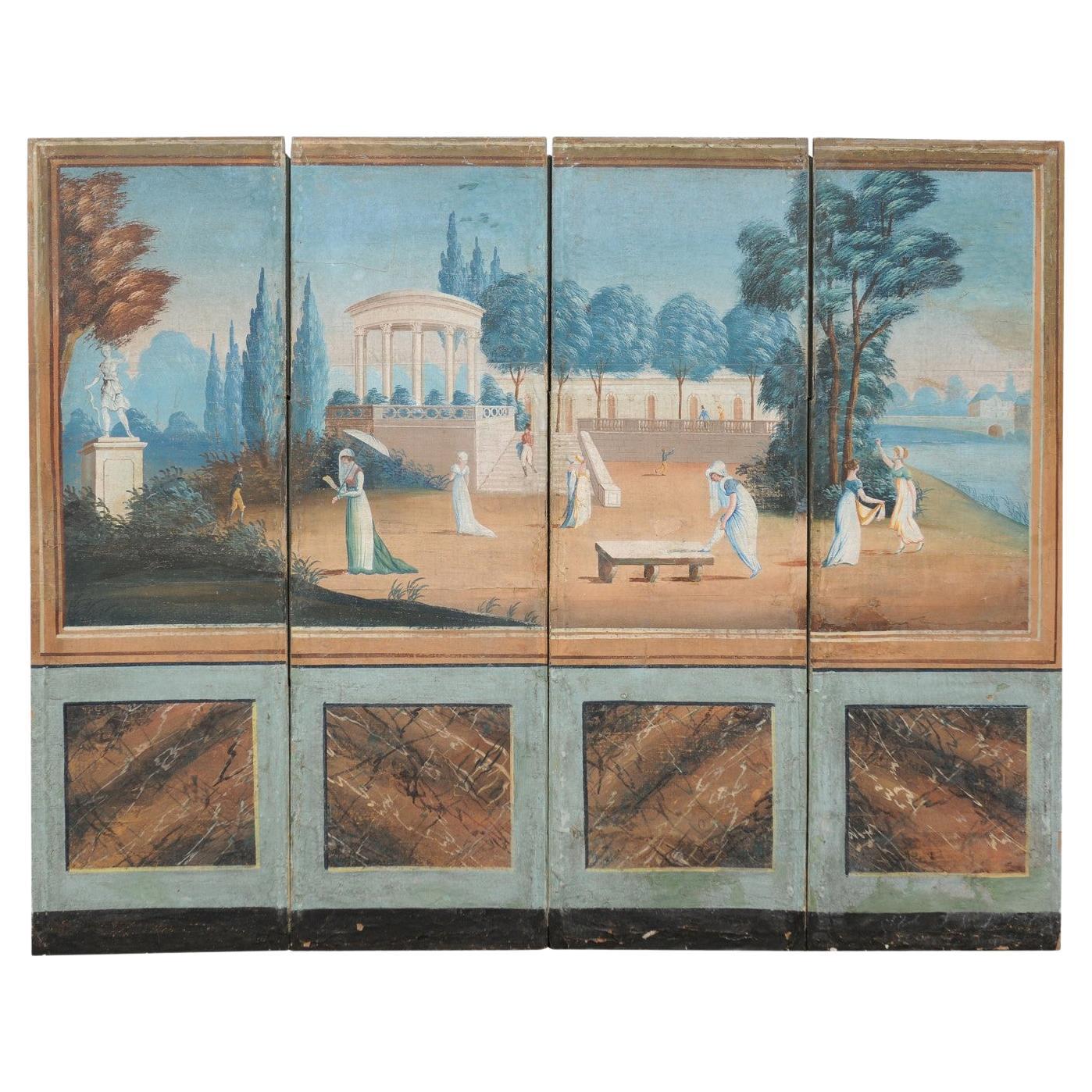 19th Century French Folding Screen with Original Hand-Painted Outdoor Scene