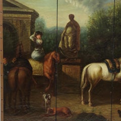 19th Century French Folding Screen with Painting "the Departure for the Hunt"