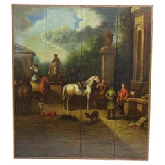 19th Century French Folding Screen with Painting "the Departure for the Hunt"